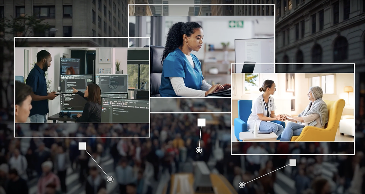 Specialty Course Video Thumbnail A collage of three workplace scenes connected by white outlined boxes over a blurred city crowd background. On the left, two coworkers discuss code in front of multiple computer monitors. In the center, a healthcare worker in blue scrubs types on a laptop at a desk. On the right, a nurse sits with an older woman in a bright living room, holding her hands and smiling supportively.